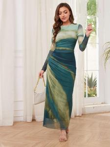 Women's All Over Print Ruched Bodycon Dress, Elegant Long Sleeve Round Neck Long Dress for Party Holiday Wedding Guest, Ladies Clothes for All Seasons