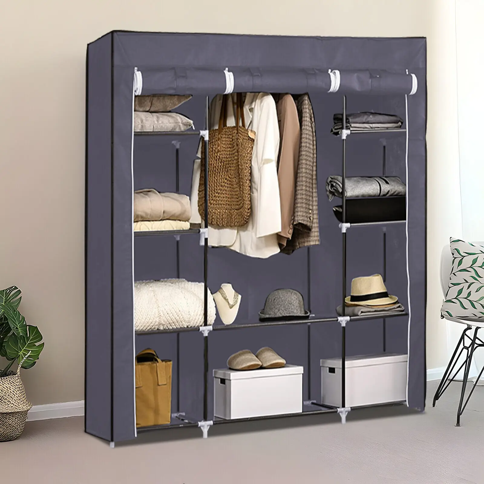 LARGE FABRIC CANVAS WARDROBE WITH HANGING RAIL SHELVING CLOTHES STORAGE CUPBOARD