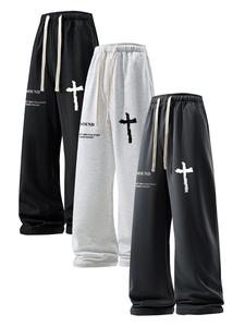 Men's Cross Print Letter Print Sweatpants, Casual Street Comfy Regular Fit Jogger Pants for Daily Wear, Men's Trousers for All Seasons