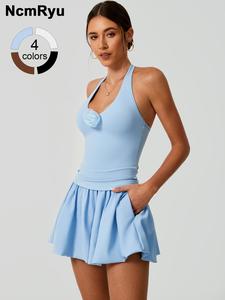 2 piece set women's vest short skirt flower bud accessories hanging neck exposed back detachable chest cushion bottom pants anti glare side pockets pleated skirt comfortable and breathable yoga clothes gym training golf tennis clothes women's sportswear