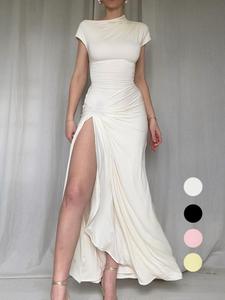 Women's Twist Ruched Split Thigh Bodycon Dress, Formal Minimalist Elegant Asymmetrical Neck Drop Shoulder Long Dress for Evening Party, Ladies Clothes for All Seasons, Summer Dresses 2025, Womenswear