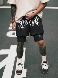 Men's Cross Print Loose Shorts, Casual Comfy Breathable Shorts for Summer, Fashion Men's Bottoms for Daily Wear