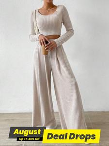Women's Solid Ribbed Crop Tee & Wide Leg Pants Two-Piece Set, Casual Long Sleeve Scoop Neck Top & High Waist Trousers for Fall & Winter, Women's Clothes for Daily Wear, Womenswear