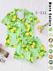 Women's All Over Print Button Front Pyjama Set, Casual Fitted Breathable Style Soft Short Sleeve Lapel Shirt & Elastic Waist Shorts Pj Set, Ladies Sleepwear & Loungewear for All Seasons, Womenswear, Premium Fabric, Homewear Pajamas