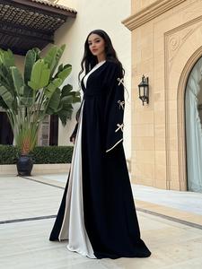 Women's Colorblock Belted Abaya without Inner Dress, Elegant Open Front Long Sleeve Abaya for Daily Wear, Ladies Islamic Clothing for Spring & Fall
