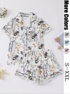 Women's All Over Plants & Bee Print Short Sleeve Pajama Two-piece Set, Elegant Casual Comfy Button Front Chest Pocket Design Lapel Neck Top & Elastic Waist Shorts PJ Set, Ladies Sleepwear for All Seasons