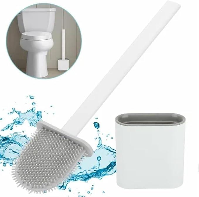 Silicone Toilet Brushes & Holders – Pack of 1 Long Non-Slip Handle, Flexible Bristles for Easy Cleaning – Modern Drip-Free Base, Durable White Bathroom Toilet Brush Set With Holder 3