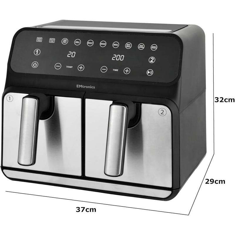 2025NEW-EMtronics EMAFDD8LSL Dual Air Fryer Extra Large Family Size Double XL 8 Litre with 8 Adjustable Pre-Set Menus for Oil Free & Low Fat Healthy Cooking, Easy Clean Metal Interior, 99-Minute Timer - 2