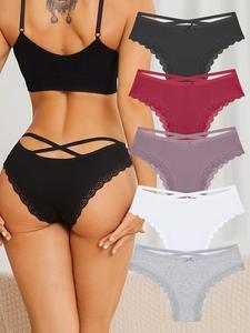 Women's 5pcs Multicolor Plain Contrast Lace Criss Cross Panty, Bow Decor Lace Trim Knickers, Pastel Soft Comfy Breathable Lingerie Panties for Women, Women's Underwear, Womenswear, Daily Casual Underwear
