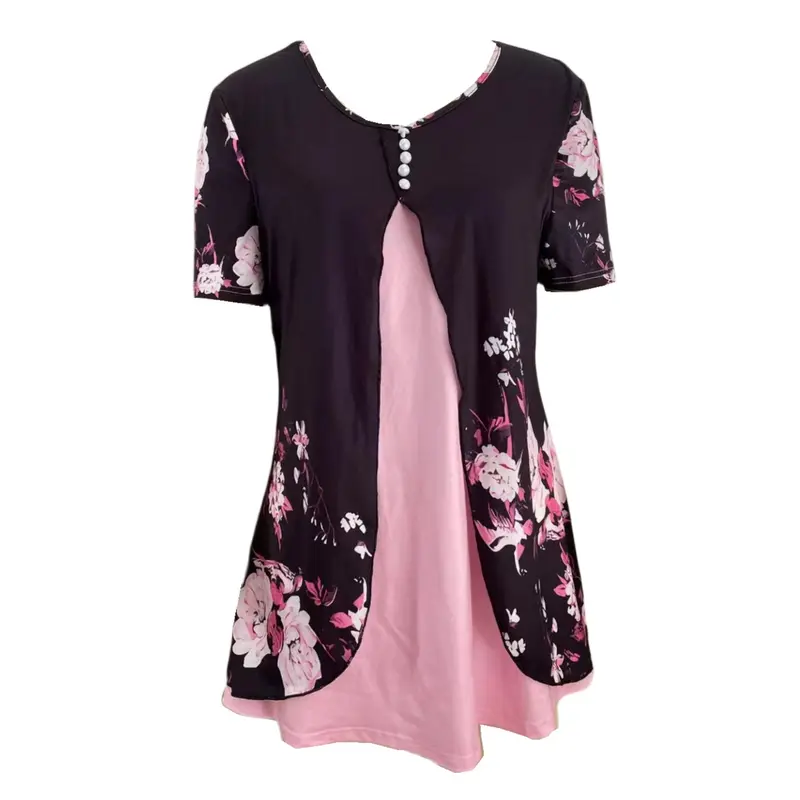Floral Print Faux Peal Decor T-Shirt, Casual V Neck Short Sleeve Top For Spring & Summer, Women's Clothing 4