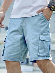 Men's Denim Shorts, Loose Casual Comfy Solid Color Flap Pocket Cargo Shorts for Daily Wear, Woven Bottoms for Summer, Cotton