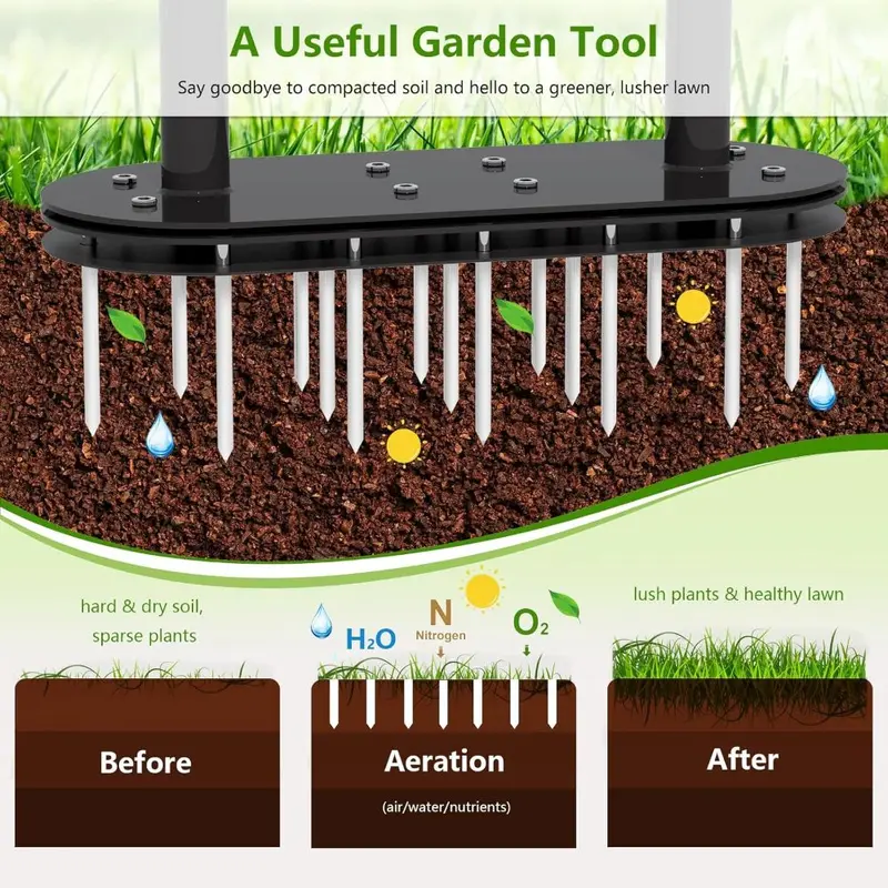 Lawn Aerator Spikes Aerating Tool, Manual Aeration Tools with Padded T-Handle, Wide Foot Plate, 15 2.8 Inch Solid Steel Spikes, Yard Aerators for Lawn Yard & Garden 4