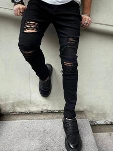 Men's Regular Fit Solid Ripped Jeans, Fashion Casual Comfy Denim Pants for Daily Outdoor Wear, Mens Bottoms for All Seasons, Cotton