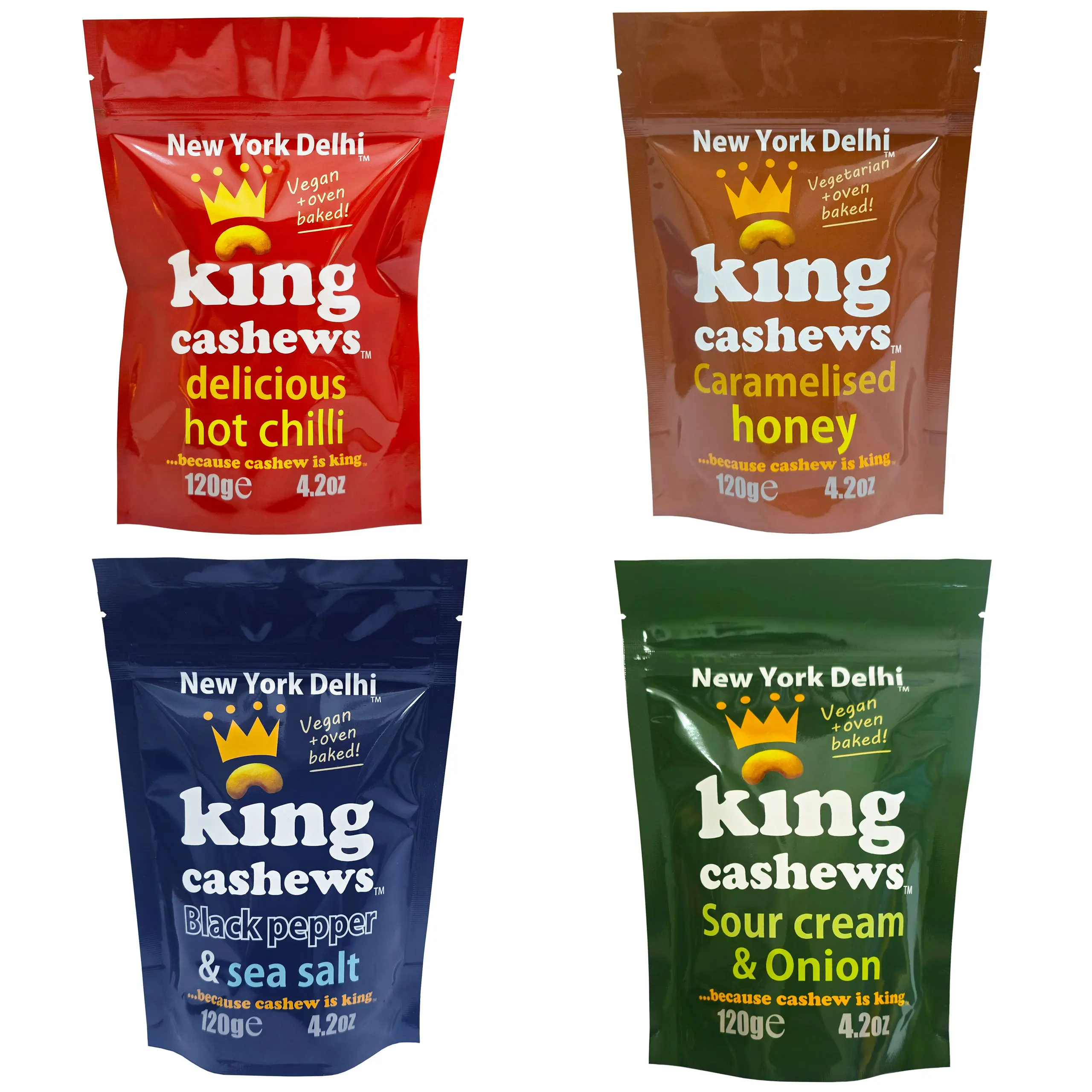 New York Delhi King cashews oven baked Vegan - selection box,  Sour Cream & Onion, caramelised honey, pepper & sea salt, Hot chilli snack healthy ViPnuts delicious snacking x 4 packs