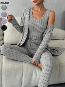 2025 Trendy, Three-piece Set Women's Plain Set, Crop Tank Top & Drawstring Waist Skinny Pants & Open Front Coat Set, Casual Style Comfy Ribbed Outfits for Fall & Winter, Sassyclassyclothing, Soft Co-ord Sets for Women, Matching Sets for Women, Womenswear