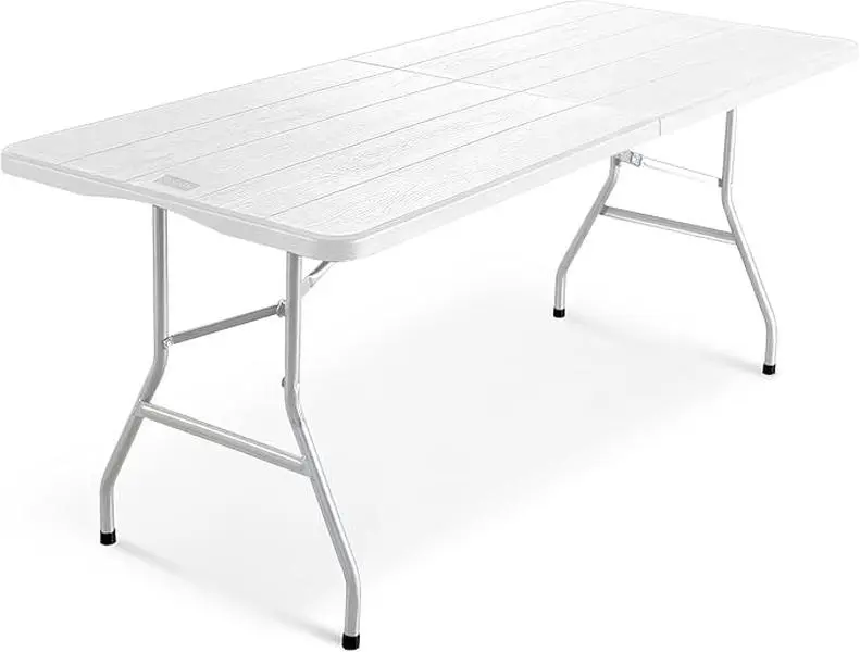 6ft Folding Table with White Wood Slate Patterned Top, 180x70x74cm – Sturdy Metal Frame, Waterproof, Portable & Easy Assembly – Ideal for Parties, BBQs, Camping (Wood Slate)