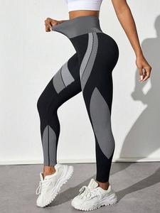 Women's Colorblock Stripe Pattern High Waist Sports Leggings, High Stretch Casual Comfy Breathable Seamless Skinny Pants for Yoga Gym Workout Running, Ladies Sportswear for All Seasons, High Waisted Leggings