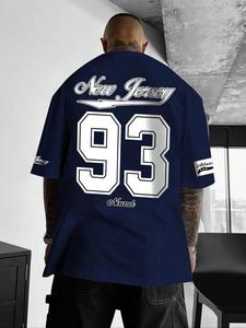 【Plus Size】 Letter & Number Print Drop Shoulder Tee, Regular Fit Casual Street Short Sleeve Round Neck T-Shirt for Summer, Men's Clothing for Daily Wear