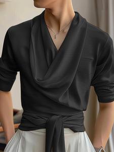 Men's Solid Draped Neck Long Sleeve Shirt, Casual Scoop Neck Lace Up Top for Spring, Shirt for Men, Fashion Streetwear Men's Clothes for Daily Wear