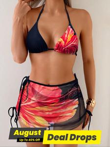 Women's Floral Print Bikini Set, Chic Floral Print Swimsuit Set, Including Swim Bra & Swim Panty & Cover Up Skirt, Ladies Swimwear for Beach Holiday Vacation, Bikinis Sets, Bikini Swimsuits, Flower Print Bikini, Tropical Print Bikinis, Beach Bathing Suit