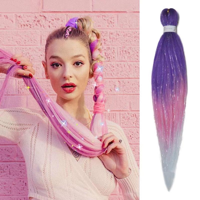 Purple Pink White 3 Tones Ombre Straight Braids Blend Hair Tinsel Festival Rave Hair Extensions for Girls Crazy Hair Day Braids 1