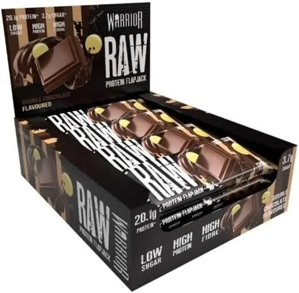 Warrior Raw Protein Flapjacks - Low Sugar, High in Fibre ADouble Chocolate) - Pack of 12 Bars x 75g Each - Snack, Dessert 0