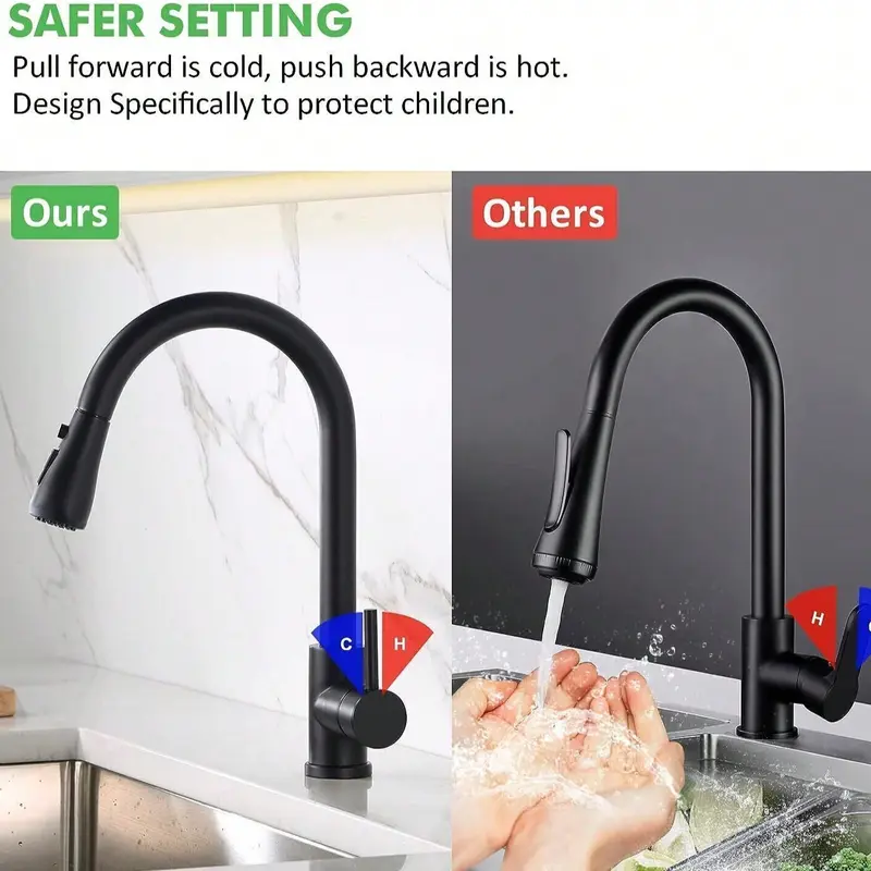 1pc Pull-Down Sprayer Kitchen Faucet Black, 360 Degree Kitchen Sink Mixer Taps Pull Out Spout Spray Single Lever Mono Tap- Included Accessory Kit 4