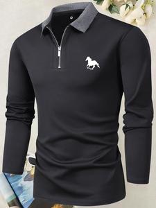 Men's Horse Print Zipper Polo Shirt, Regular Fit Casual Long Sleeve Top For Spring, Men's Clothes For Outdoor Wear