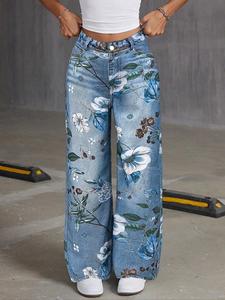 Women's Floral Print Denim-effect Print Wide Leg Pants, Casual Comfy Trousers for Daily Wear, Ladies Bottoms for All Seasons