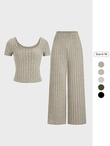 Two-Piece Set Women's Solid Textured Crop Top & Wide Leg Pants, Casual U Neck Top & Straight Leg Trousers for Daily Wear, Ladies Clothes for All Seasons