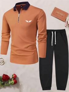 Men's 2pcs Wing Pattern Half Zip Up Polo Shirt & Drawstring Waist Pants Set, Casual Regular Fit Colorblock Long Sleeve Top & Jogger Pants For Spring & Fall, Men's Two-piece Outfits For Outdoor Sports