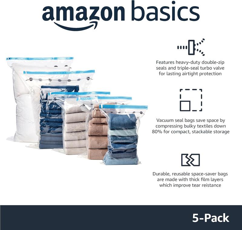Vacuum Compression Zipper Storage Bags with  Hand Pump, Large, 5-Pack, Clear 2