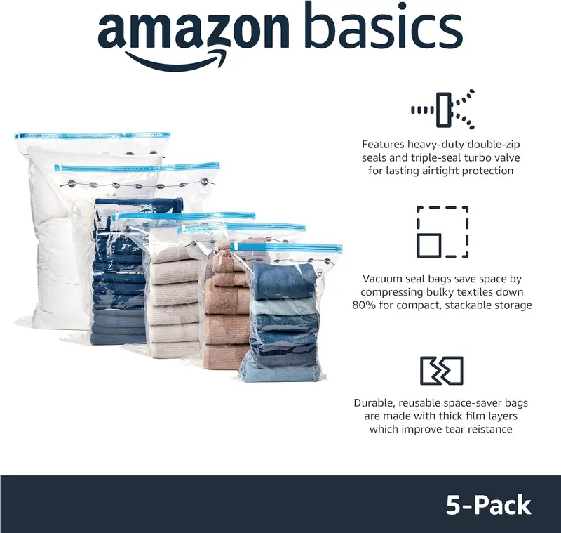 Vacuum Compression Zipper Storage Bags with  Hand Pump, Large, 5-Pack, Clear Organiser Set 2