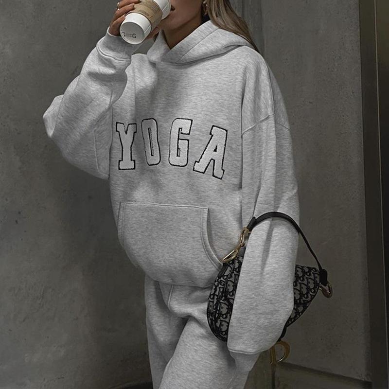 Women's YOGA Embroidered Drop Shoulder Sweatshirt, Casual Long Sleeve Hooded Pullover for Spring & Fall, Ladies Clothes for Daily Wear,  Tops for Women 1