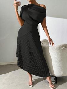 Women's One Shoulder Dress, Elegant Fitted Chic Solid Color Dress for Party Holiday Wedding Guest, Ladies Clothes for All Seasons, Womenswear