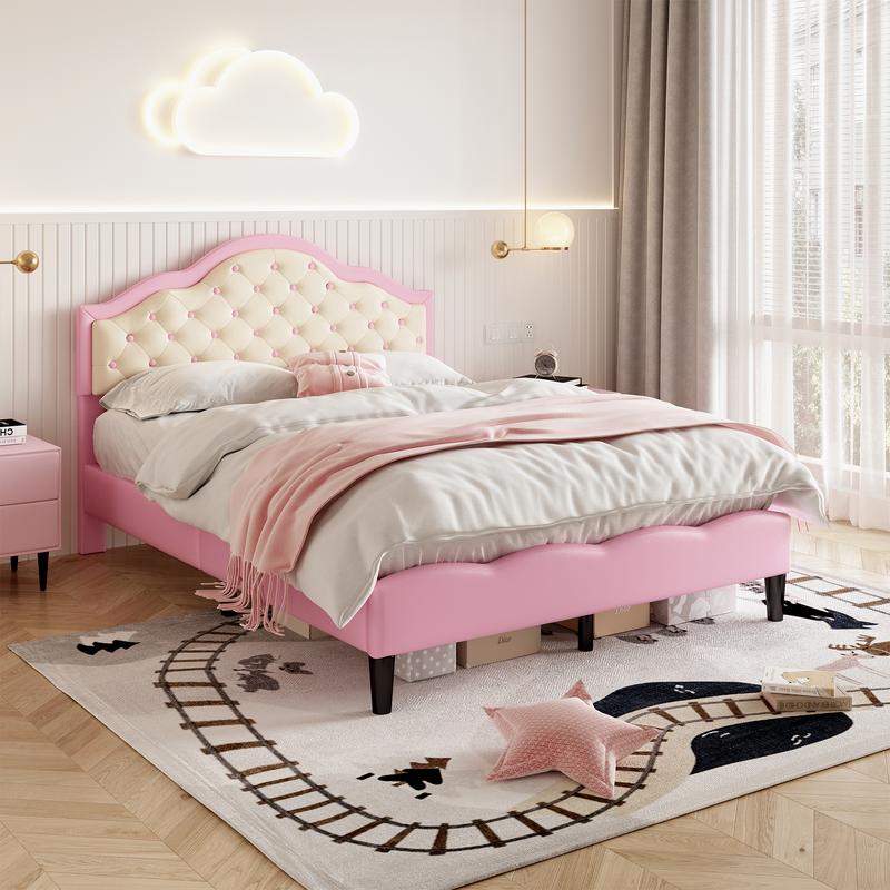 3ft/4ft6 Double Upholstered Bed Frame with Adjustable Chic Button-Tufted Headboard, PU Faux Leather Bed Frame with Solid Wood Slat, No Box Spring Needed, Easy Assembly, Pink+Beige (No Mattress) 3