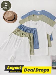 Women's Solid Waffle Knit Lounge Set, Casual Comfy Basic Minimalist Short Sleeve T-shirt & Shorts Matching Pj Set, Ladies Sleepwear for Summer, Perfect Matching, Loungewear, Clothing Sets, Womenswear, Homewear, Casual Pajama Set