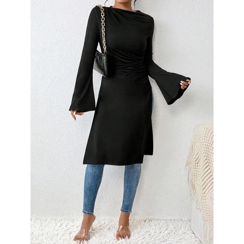 Women's Plain Ruched Flounce Sleeve Dress, Elegant Long Sleeve Round Neck Dress for Party Holiday Wedding Guest, Ladies Clothes for All Seasons 4
