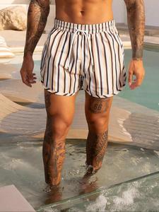 Men's Striped Print Brief Swim Shorts, Regular Fit Casual Comfy Breathable Beach Shorts, Men's Swimwear Bottoms for Summer Beach Vacation, Swimming