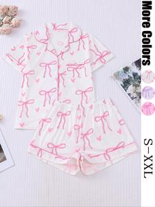 Women's All Over Bow Print Crop Shirt & Elastic Waist Shorts Pyjama Two-piece Set, Casual Comfy Short Sleeve Top & Shorts PJ Set, Ladies Sleepwear for All Seasons
