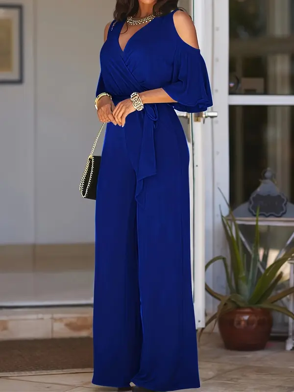 Elegant V-Neck Polyester Jumpsuit - Strapless Tie-Waist Wide Leg Romper - All-Season Vacation Style Knit Fabric 2