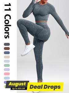 Women's Solid Tracksuit Set, Long Sleeve Round Neck Crop Top & High Waist Leggings Set, Summer Outfits 2024, Fashion Comfy Ladies Clothes Set for Running Gym