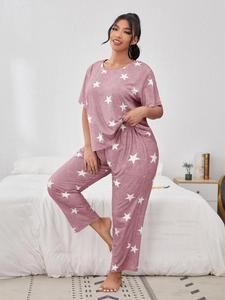 【Plus Size】 Star Print Tee & Elastic Waist Pants Pyjama Set, Casual Comfy Round Neck Short Sleeve T-shirt & Trousers Pj Set, Women's Sleepwear for All Seasons, Gift, Pajama Sets Women, Womenswear
