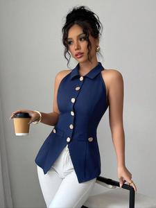 Women's Plain Button Decor Blouse, Casual Sleeveless Top for Summer, Women's Clothing for Daily Wear