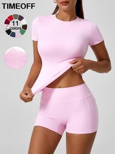 TIMEOFF Two-piece Set Women's Patchwork Soft Brushed Fabric Small Round Neck Slim Fit Short Sleeved Tight Shorts Yoga Suit Set Summer Outdoor Sports Running Cycling Hiking Walking Fashion Set Gym Sports Training Versatile Yoga Gym Activewear