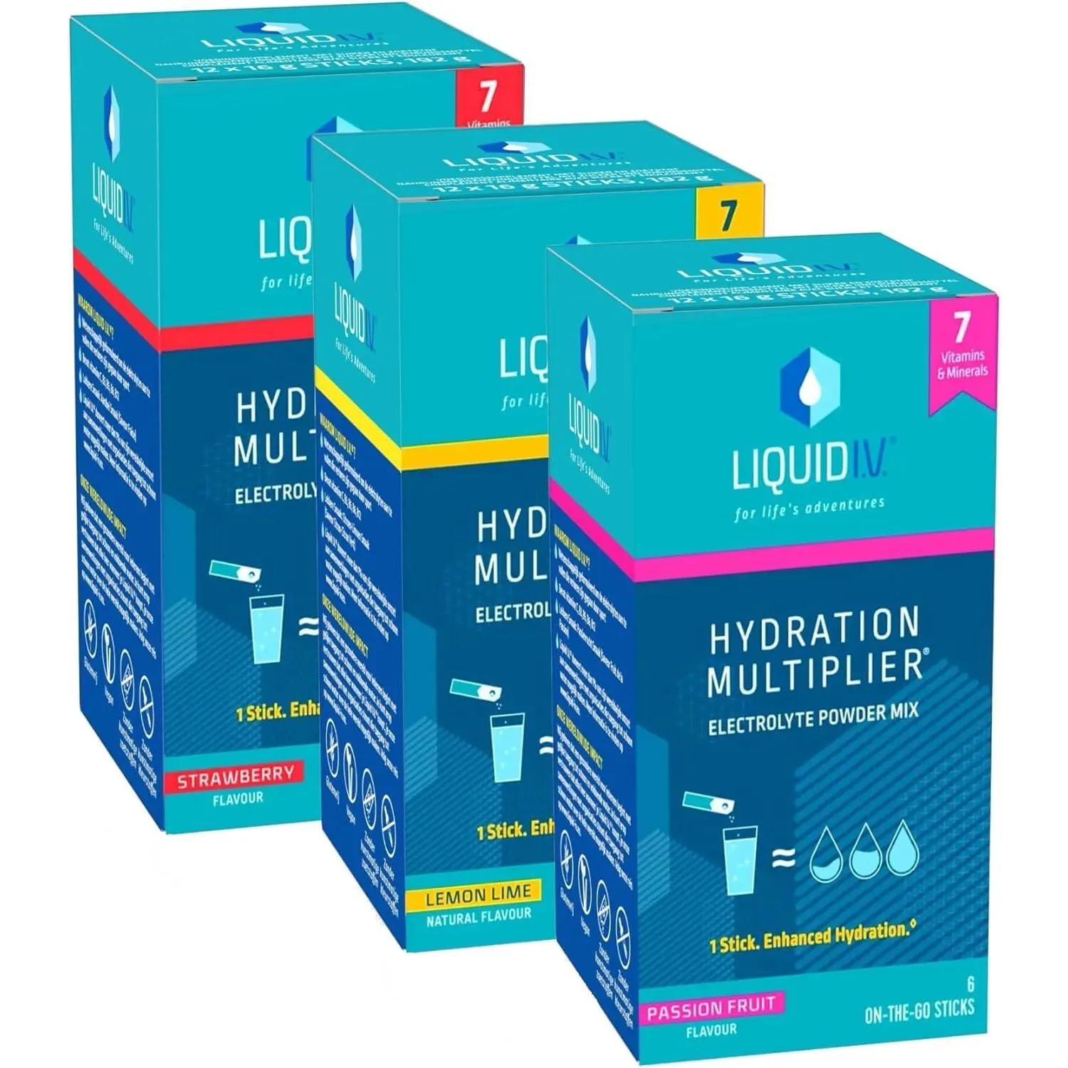Liquid I.V. Hydration Sachets | Lemon Lime + Passion Fruit + Strawberry | Electrolyte Powder Mix | 3 Pack (18 Sticks) | 7 Vitamins and Minerals | Vegan