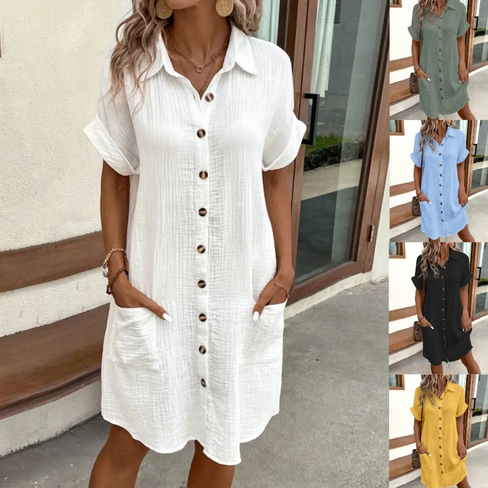 Vintage Women Solid Mini Dress Summer Fashion V-neck Three Quater Sleeve Cotton Linen Dress Ladies Casual Holiday Vestidos