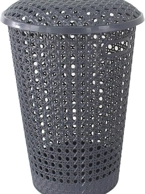 48L Plastic Laundry Basket with Lid - Large Round Washing Hamper with Handles for Clothes & Linen - Rattan Storage Basket for Bathroom, Bedroom & Utility Room - Grey, White or Taupe, 48 Litres (Grey)