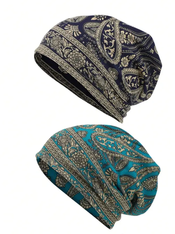 2pcs Classic Paisley Print Loose Visorless Beanie Hats, Boho Stretchy Visorless Beanies, Unisex Vintage Neck Gaiter, Soft Visorless Caps, Chemo Hats For Men And Women, Random Print Position Caps Winter Fall 1