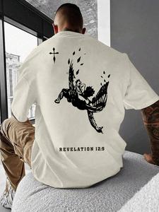 Men's Angel & Letter Print Round Neck Tee, Loose Casual Short Sleeve Crew Neck T-shirt for Summer, Fashion Men's Top for Daily Wear, Tropical